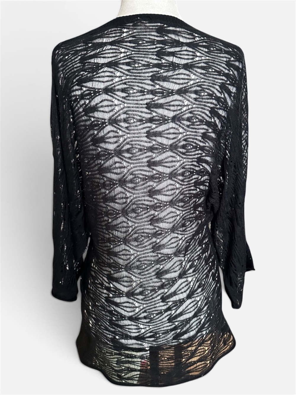 Babakul Black Open Knit V-Neck 3/4 Sleeve Top M - Picture 4 of 7